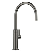 Satin dark steel beverage faucet with curved spout and single lever handle on cylindrical base.