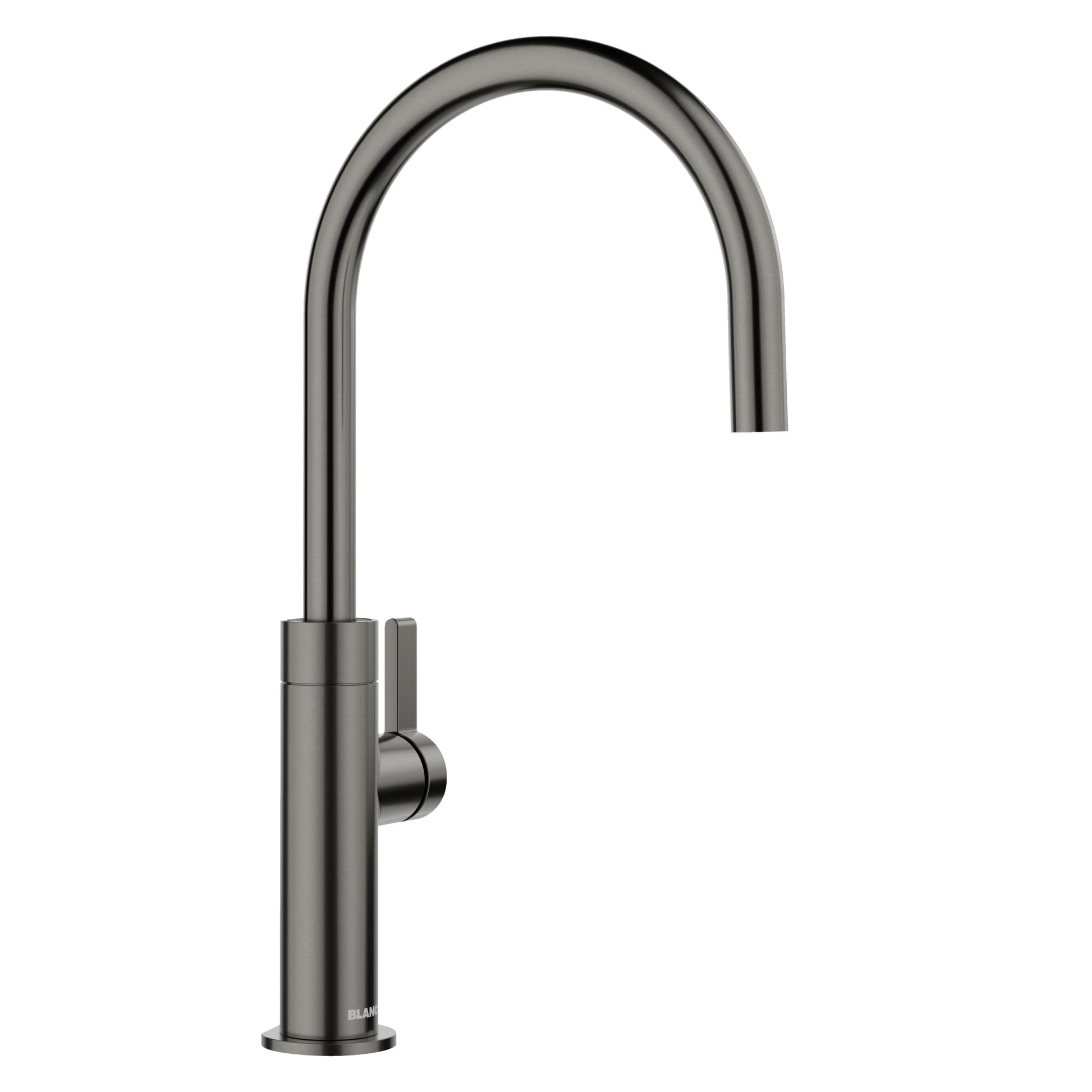 Satin dark steel beverage faucet with curved spout and single lever handle on cylindrical base.
