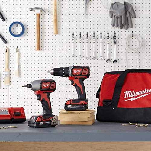 Milwaukee M18 cordless drill and impact driver with batteries, charger, and red carrying bag displayed on pegboard.