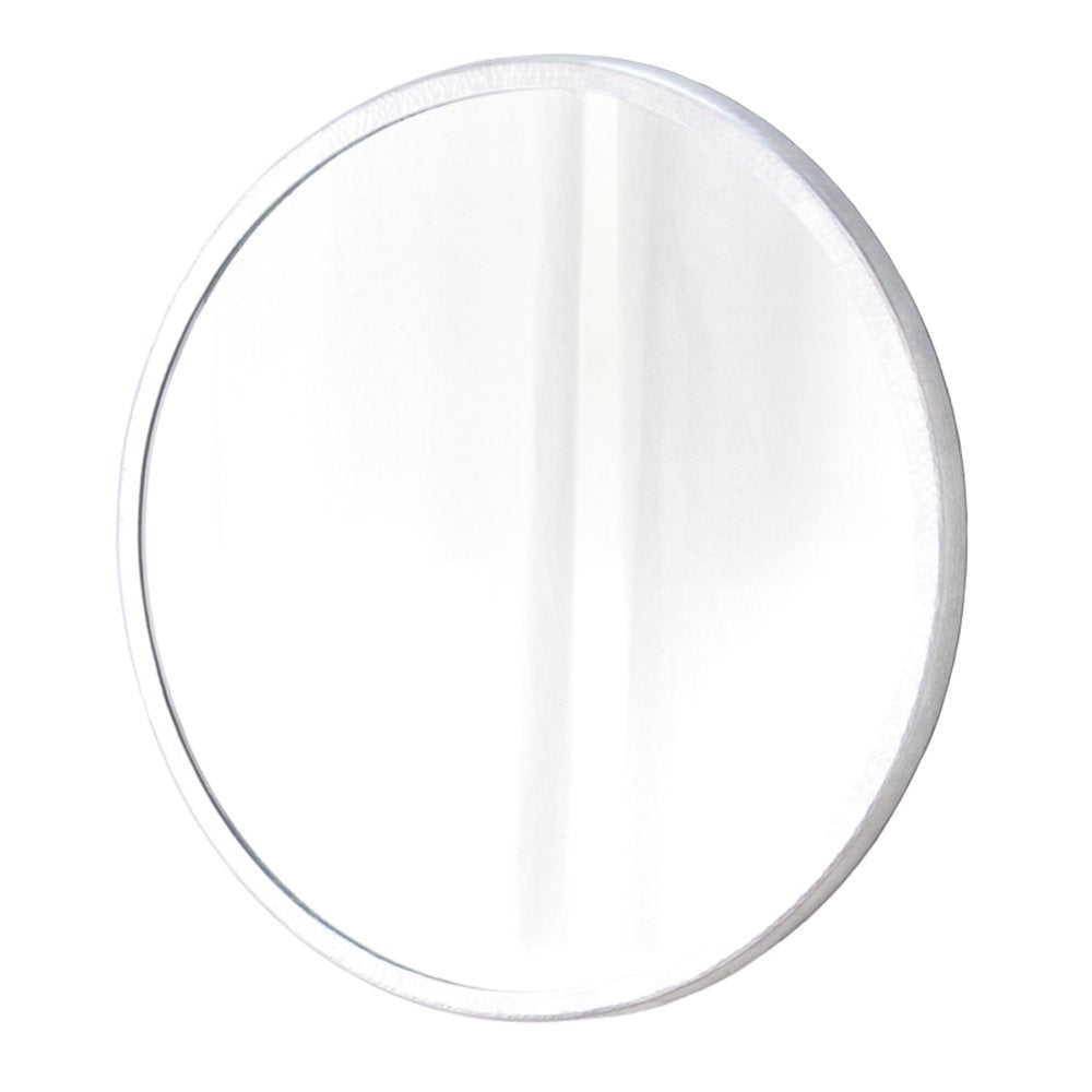 Round mirror with silver-tone metal frame and reflective glass surface.