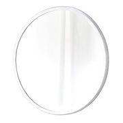 Round mirror with silver-tone metal frame and reflective glass surface.