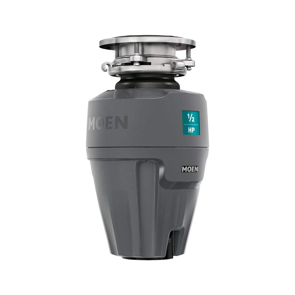 Moen EX Series 1/2 HP garbage disposal with gray cylindrical body, stainless steel flange, and teal horsepower label.
