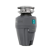 Moen EX Series 1/2 HP garbage disposal with gray cylindrical body, stainless steel flange, and teal horsepower label.