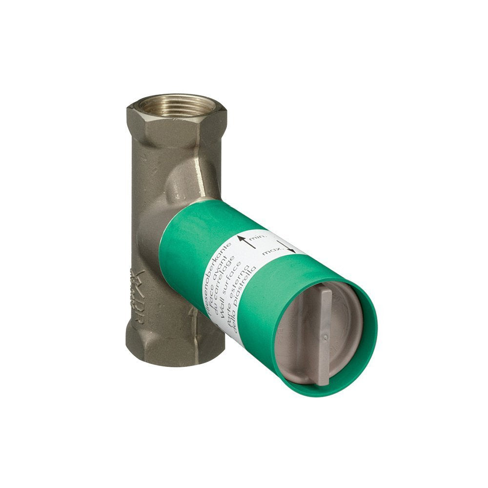 Brass rough-in valve with green cartridge body and threaded outlet, showing internal control mechanism.