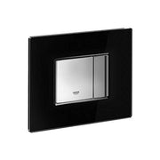 Black rectangular wall plate with chrome-accented dual-button control panel in center.