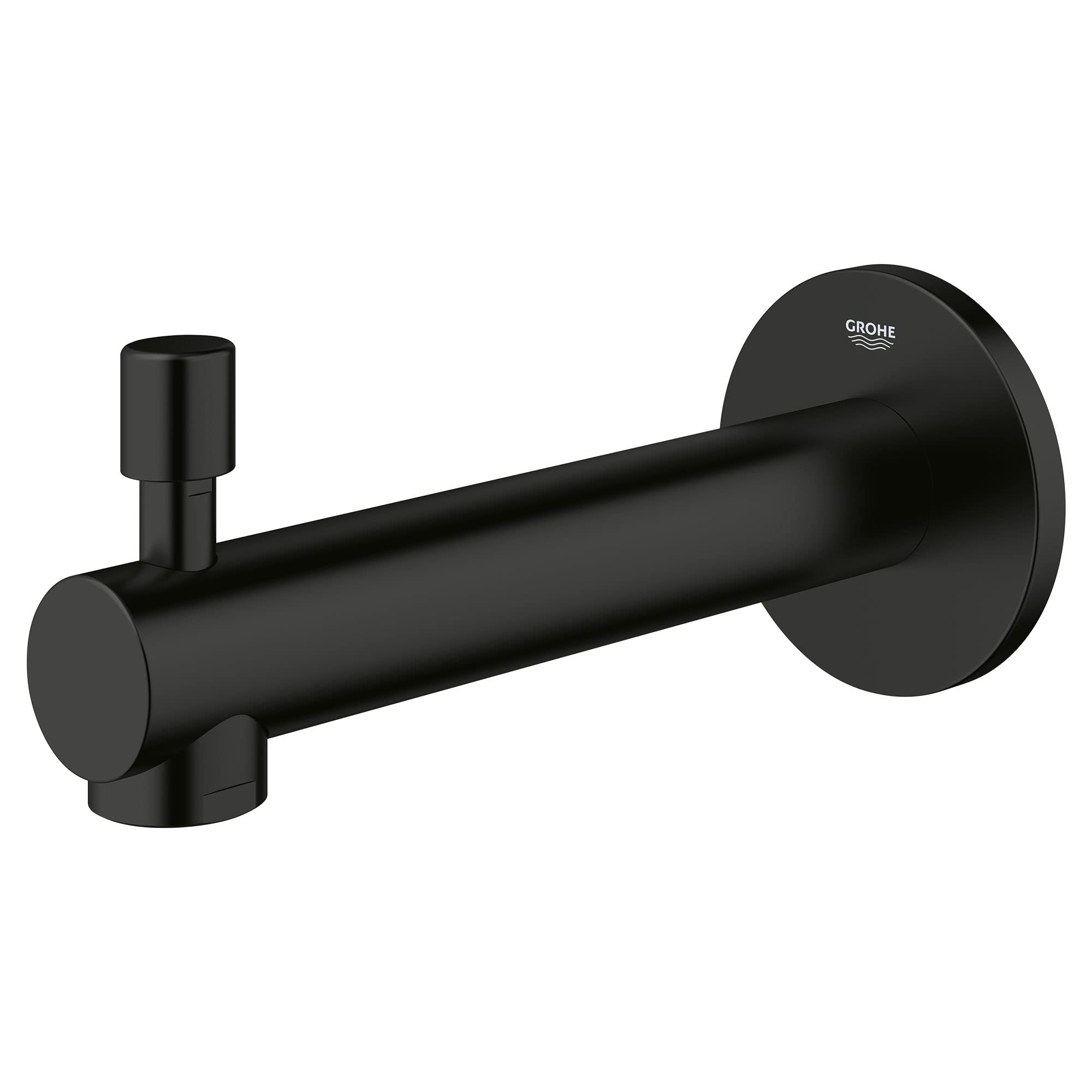 Matte black cylindrical tub spout with diverter lever and round wall flange, Grohe Concetto model.