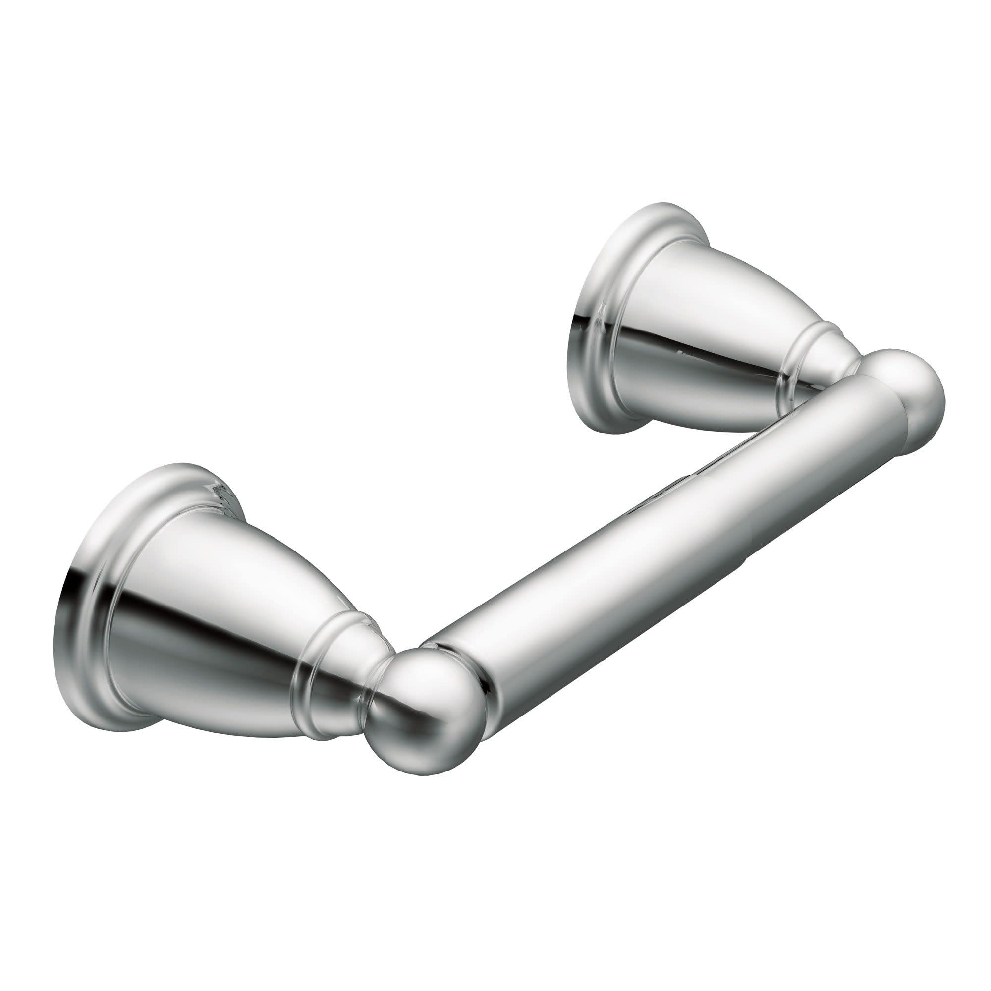 Chrome toilet paper holder with cylindrical bar, rounded end caps, and wall-mounted bracket hardware.