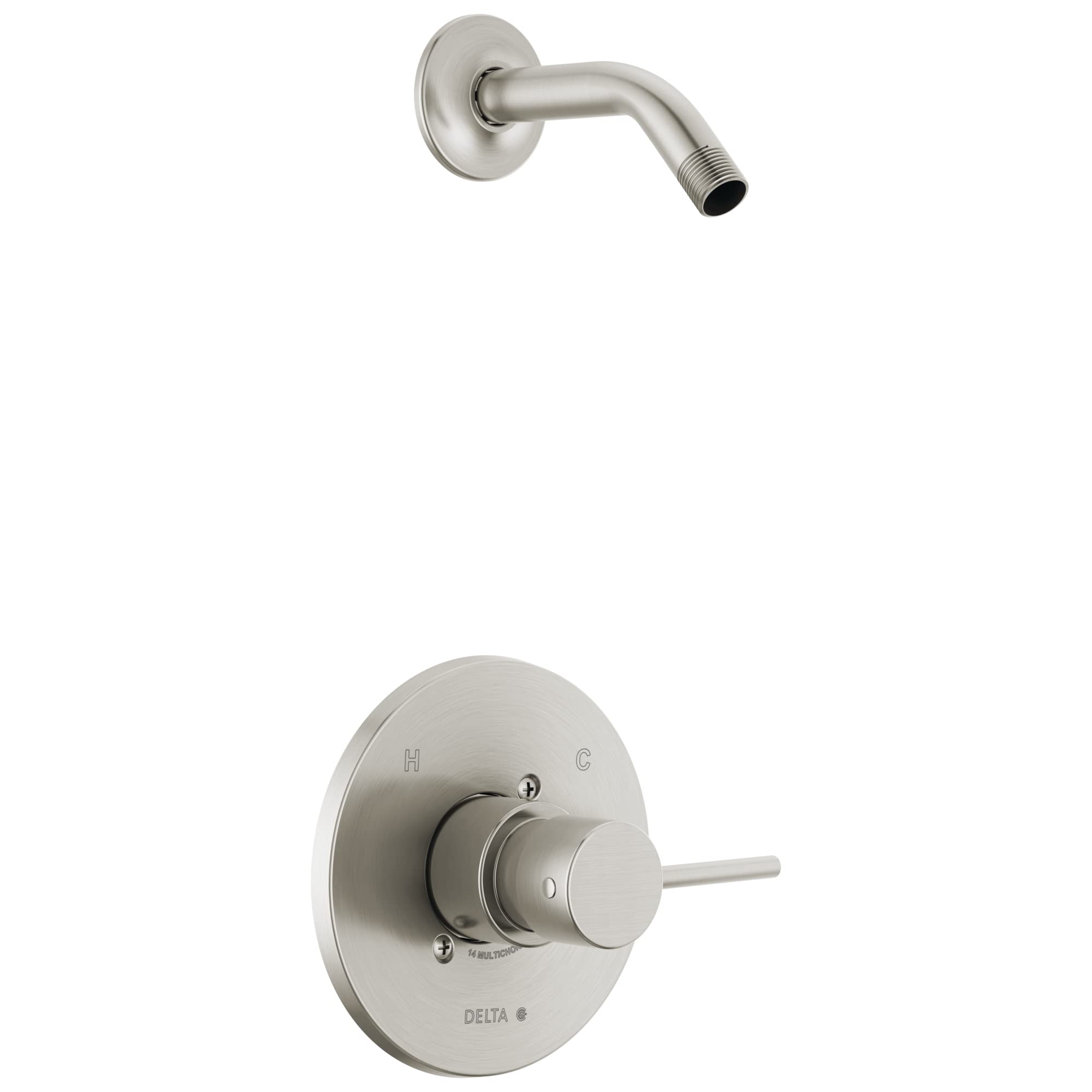 Brushed nickel shower trim with round wall plate, control lever, and curved shower arm without head.