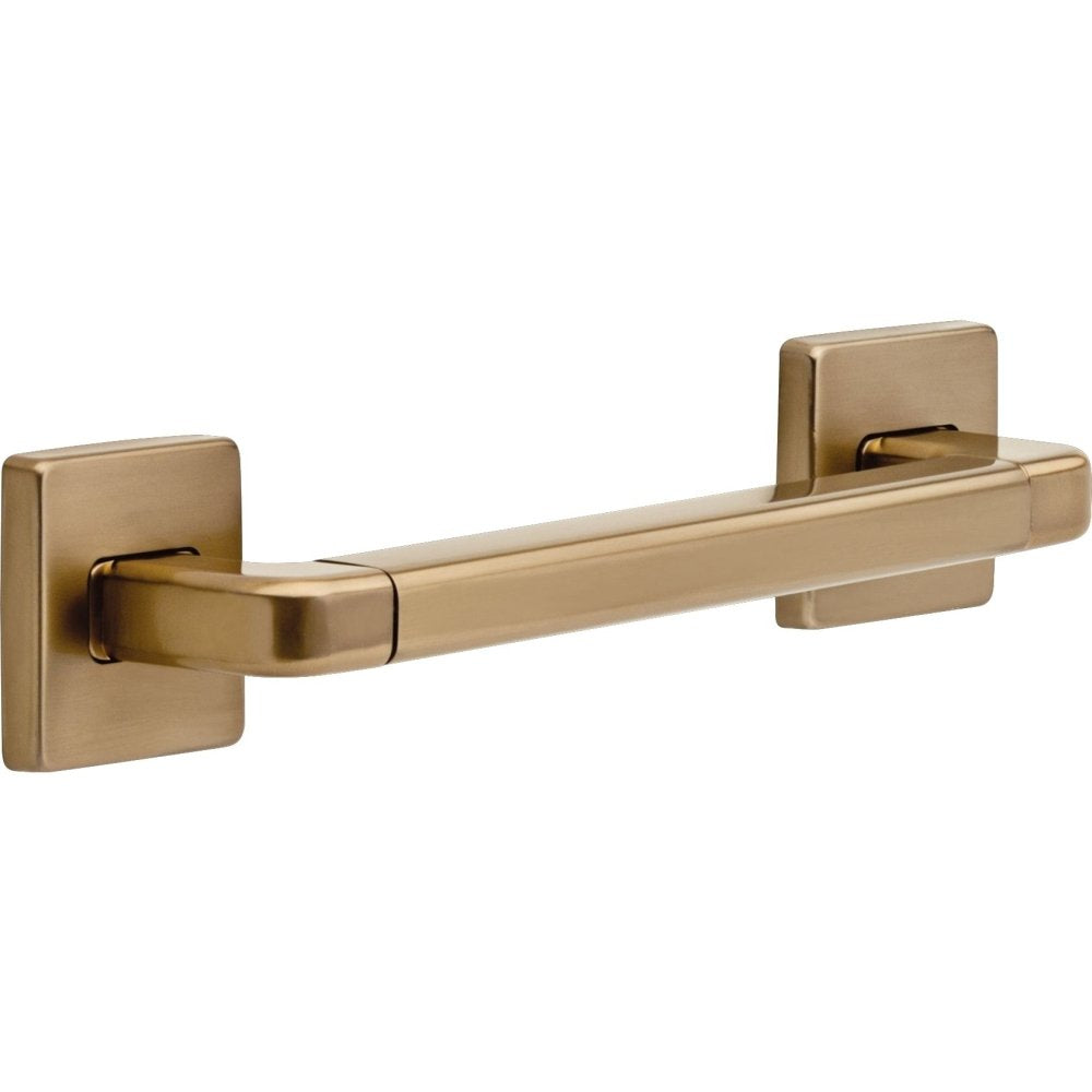 Brushed gold angular grab bar with square wall mounts and curved handle sections.