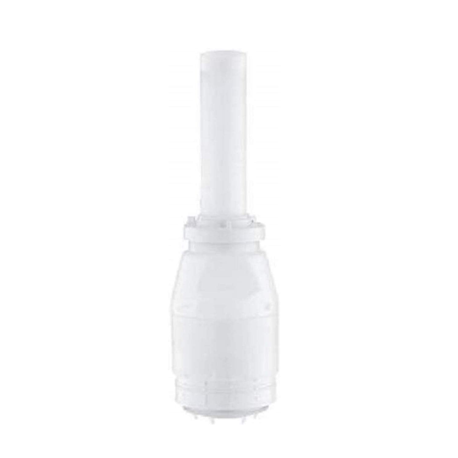 White plastic outlet valve with cylindrical upper tube and rounded lower chamber with threaded connector base.