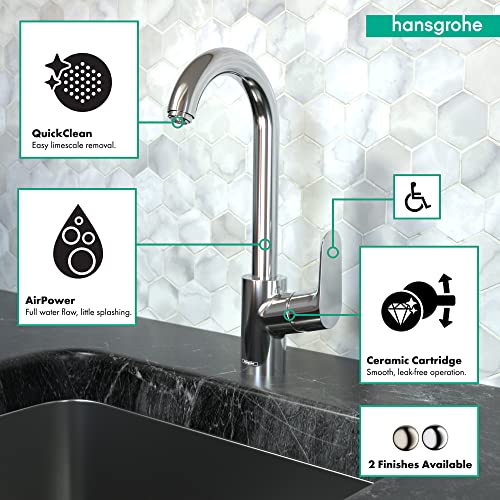Hansgrohe Focus bar faucet with curved spout in brushed gold finish over black sink with white tile backsplash.