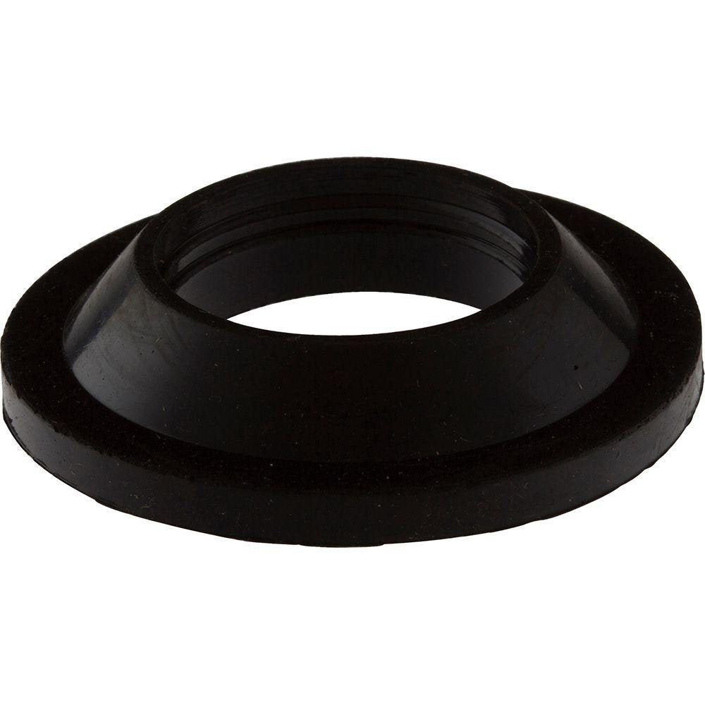 Black rubber gasket with raised outer ring and central hollow opening for plumbing fixture installation.