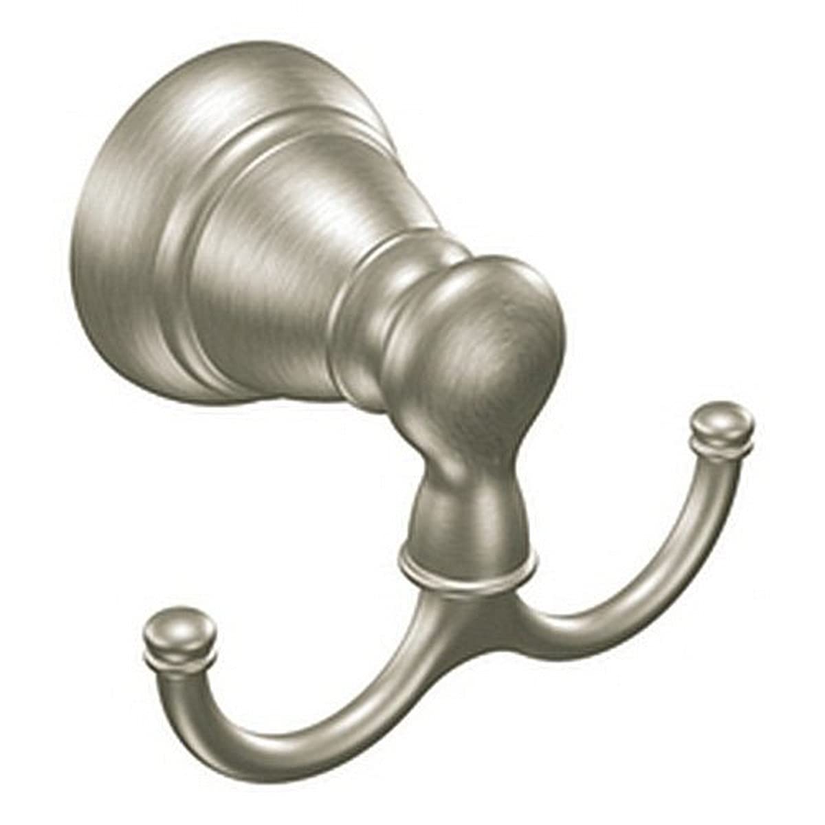Brushed nickel double robe hook with two curved arms extending from a circular mounting plate.