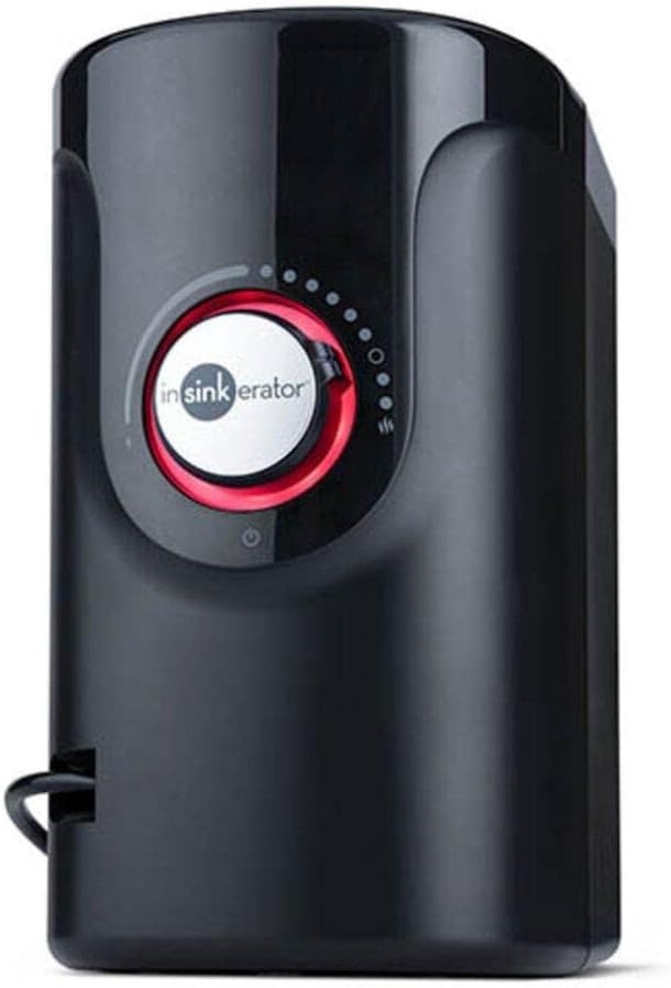 Black cylindrical hot water tank with red and white circular control panel and power button on front.