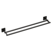 Matte black double towel bar with two parallel bars and square mounting brackets on each end.