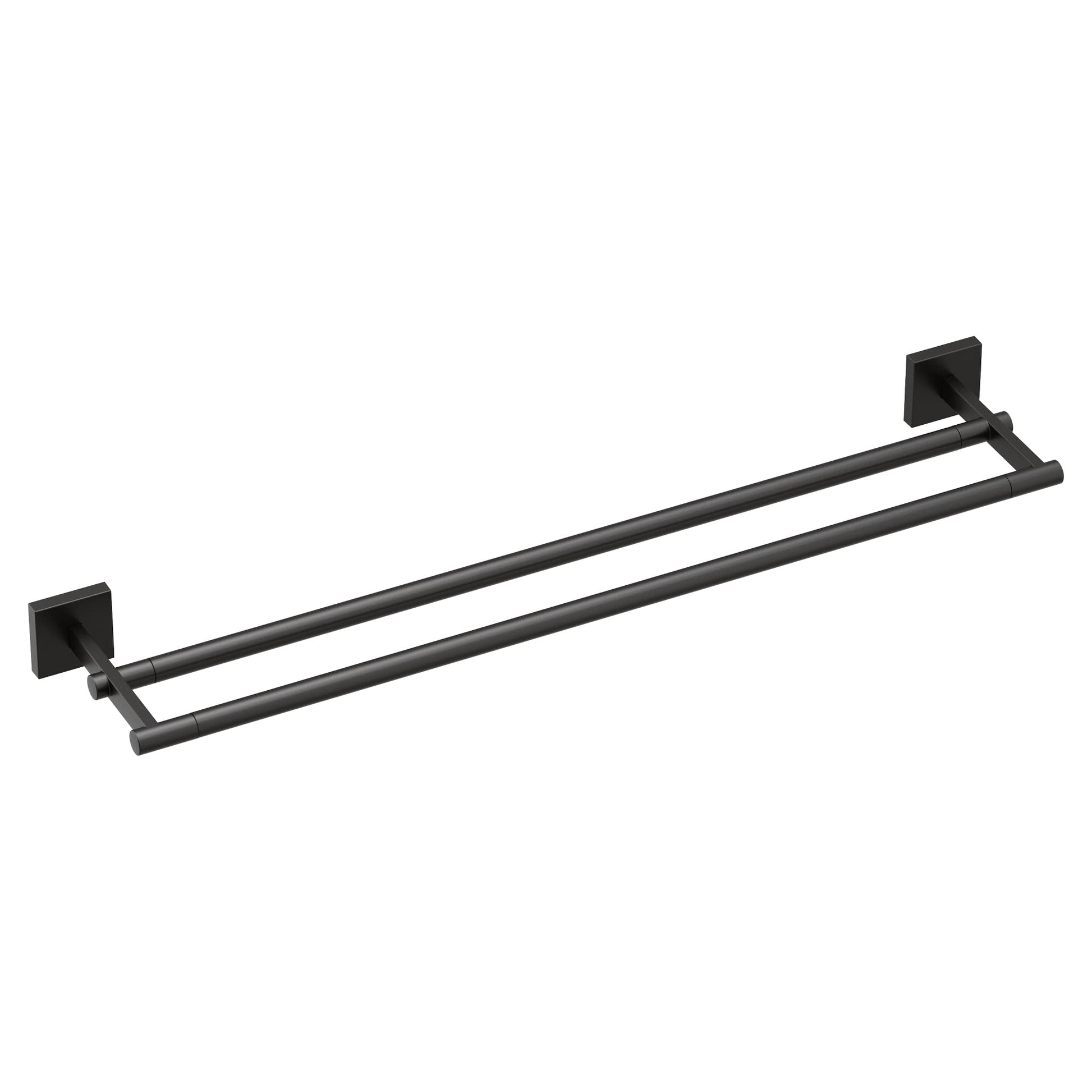 Matte black double towel bar with two parallel bars and square mounting brackets on each end.