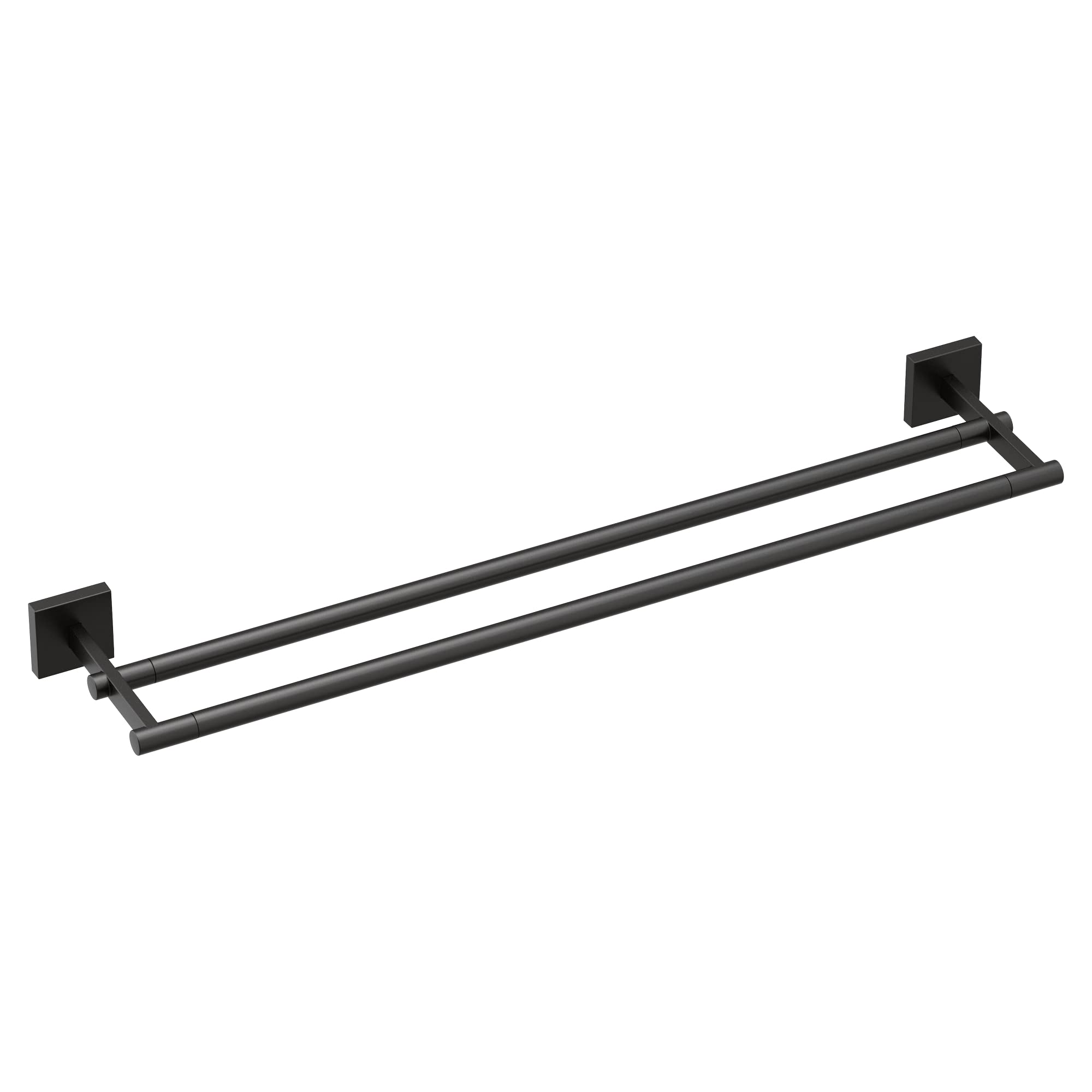 Matte black double towel bar with two parallel bars and square mounting brackets on each end.