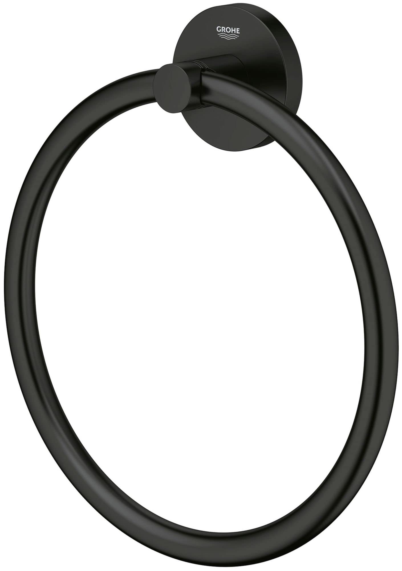 Matte black circular towel ring with Grohe branding on wall-mounted round backplate.