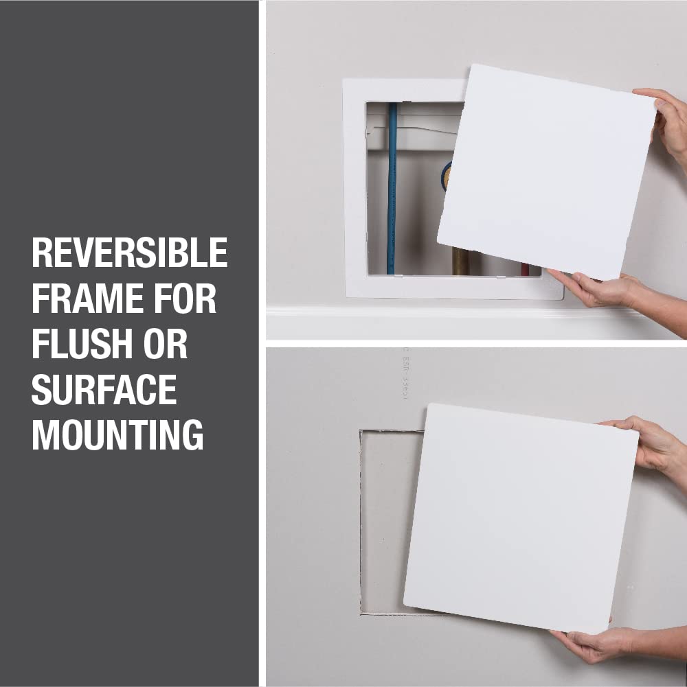 White rectangular wall access panel with reversible frame shown in open and closed positions, revealing interior pipes and fi