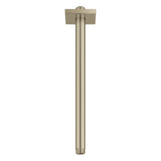 Brushed nickel ceiling shower arm with square flange and cylindrical tube extending downward.