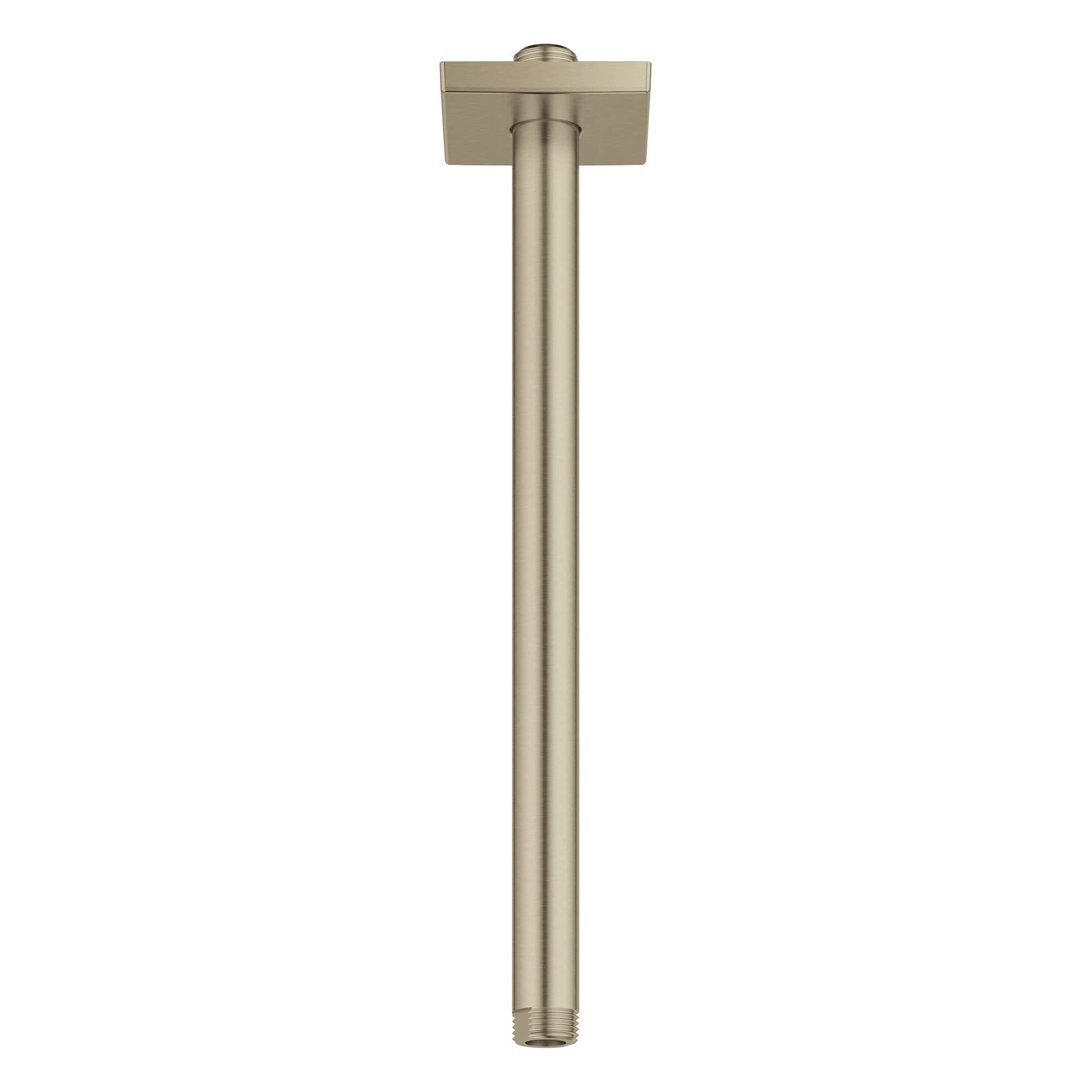 Brushed nickel ceiling shower arm with square flange and cylindrical tube extending downward.