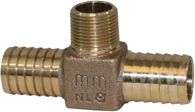 Bronze hydrant tee fitting with one threaded inlet and two barbed outlets for 1 inch and 3/4 inch connections.