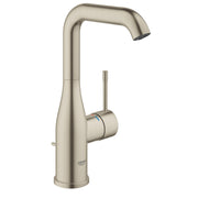Grohe Essence brushed nickel single-handle bathroom faucet with curved spout and lever handle.