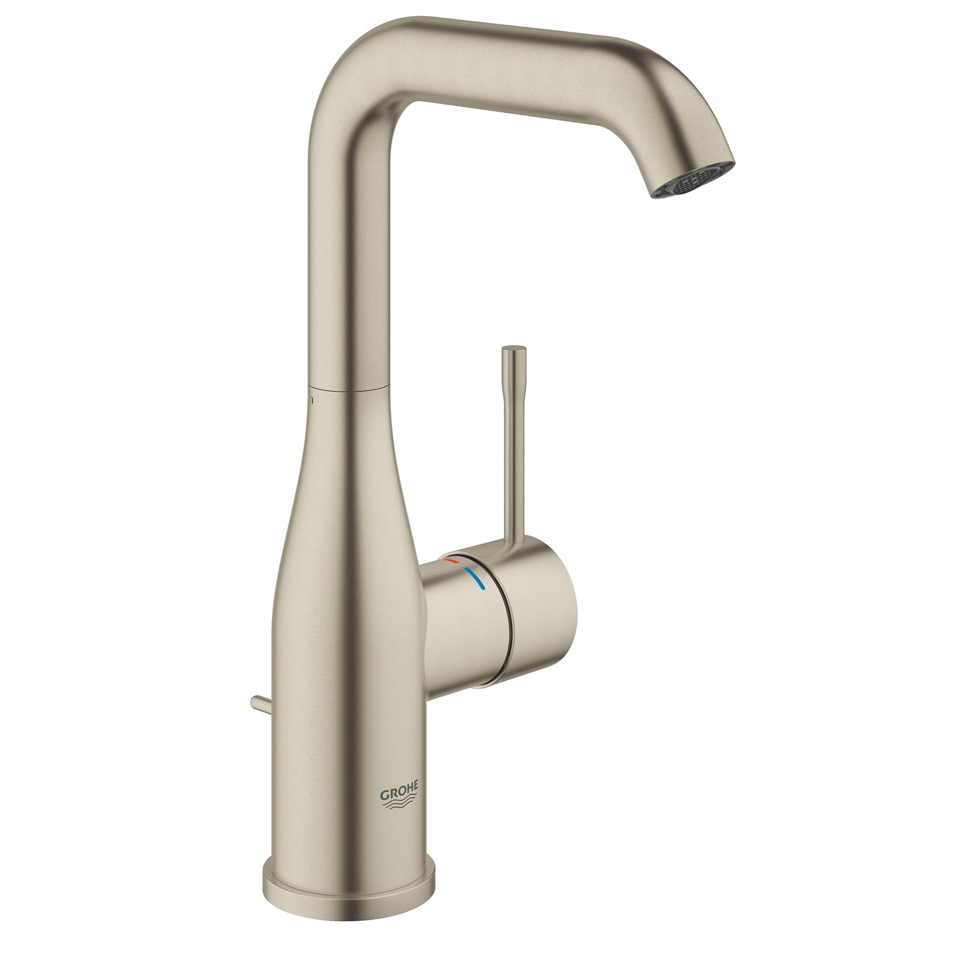 Grohe Essence brushed nickel single-handle bathroom faucet with curved spout and lever handle.