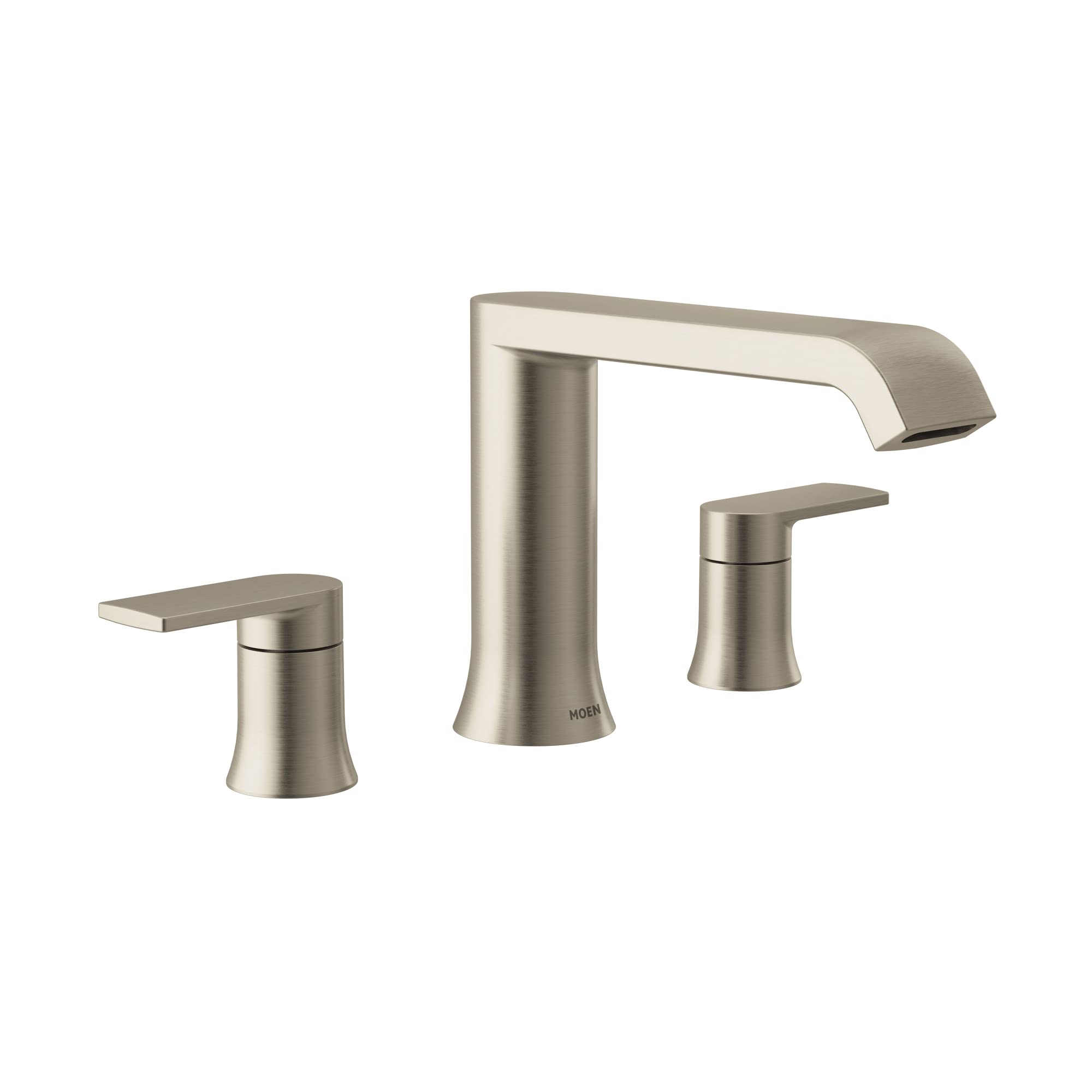 Brushed nickel two-handle roman tub faucet with curved spout and cylindrical handles mounted on deck.