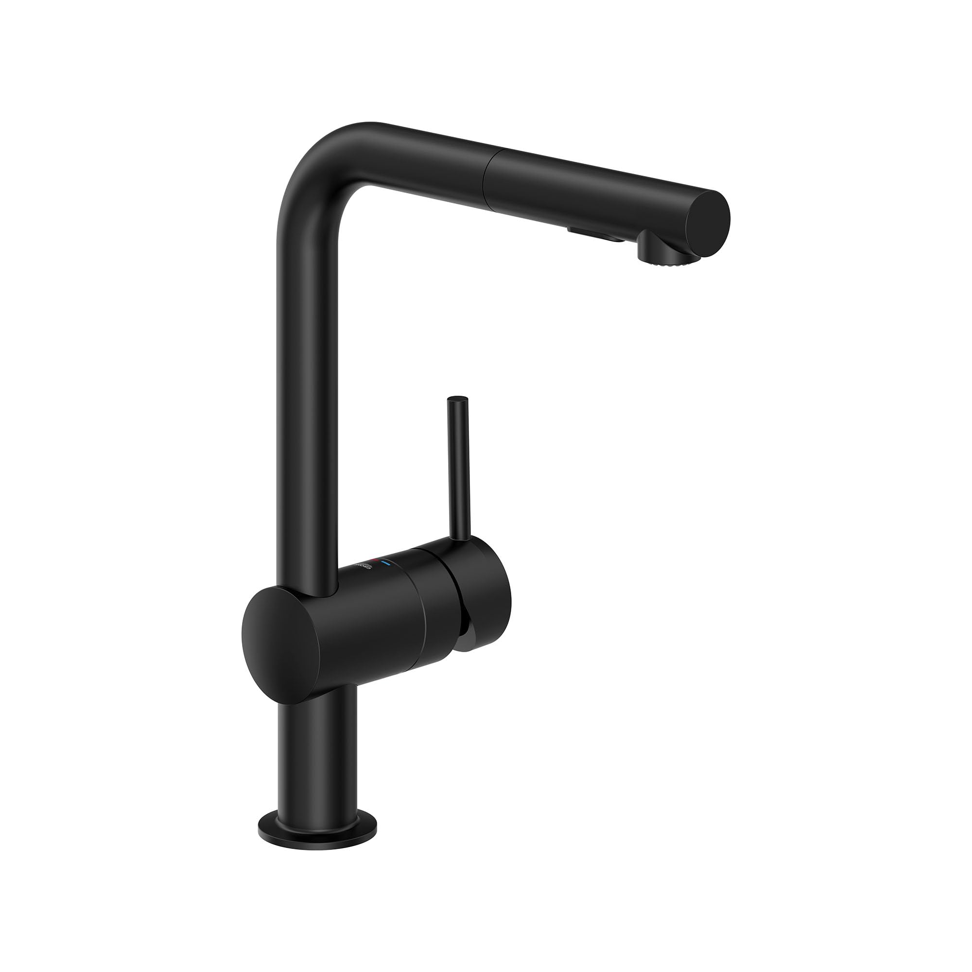 Matte black single-handle kitchen faucet with pull-out spray head and cylindrical handle.