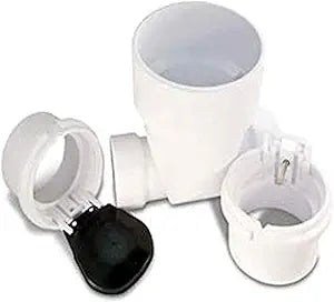 White PVC inline backwater check valve with 4-inch diameter pipe connections and black rubber flapper ball.