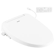 White electronic bidet toilet seat with attached remote control and power cord.