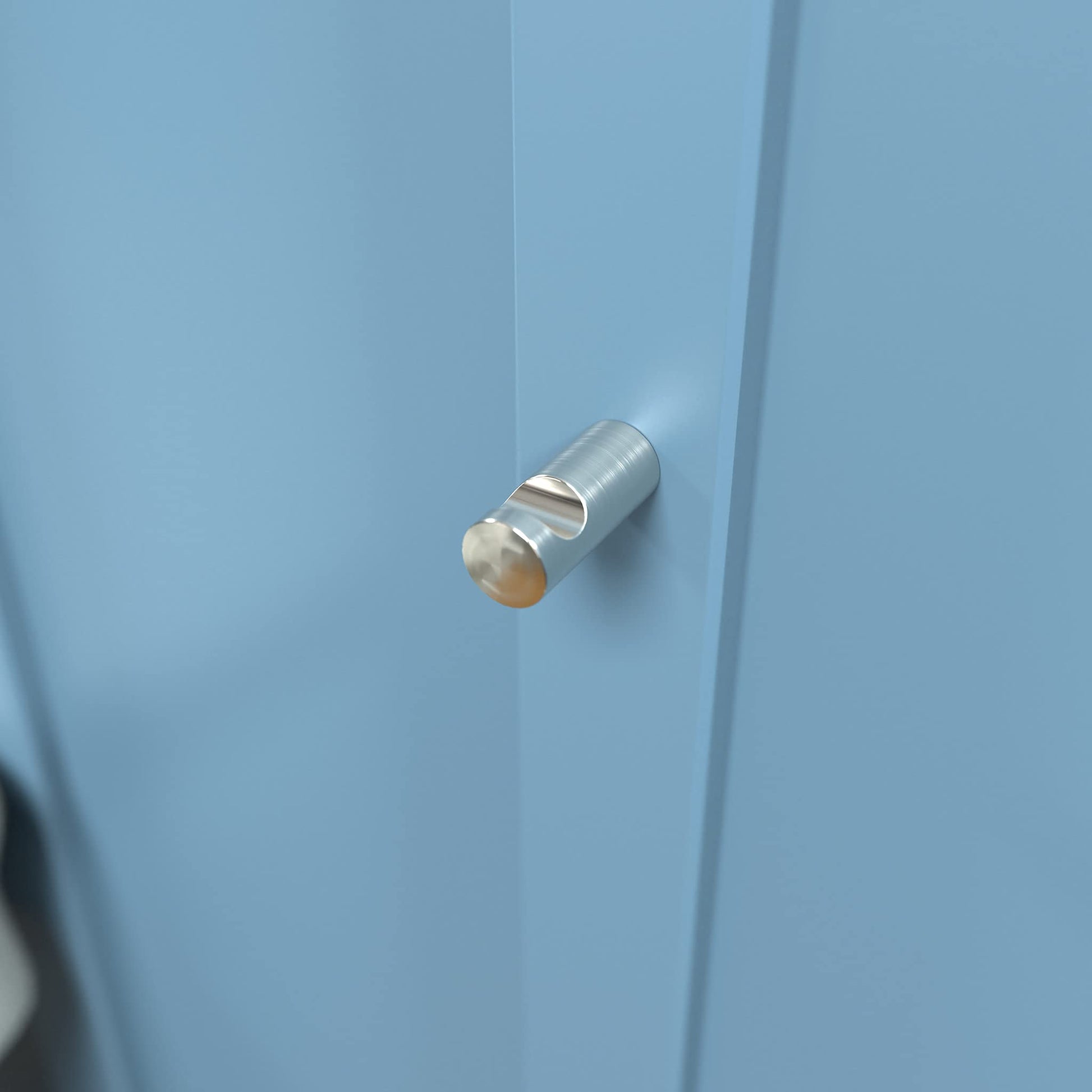 Brushed nickel cylindrical wall hook mounted on light blue surface with rounded end hook detail.