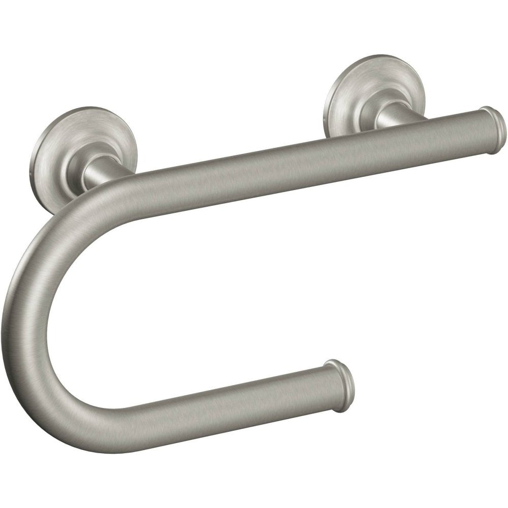 Brushed nickel grab bar with integrated toilet paper holder and circular wall mounts.