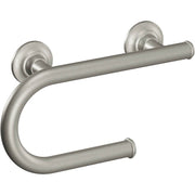 Brushed nickel grab bar with integrated toilet paper holder and circular wall mounts.