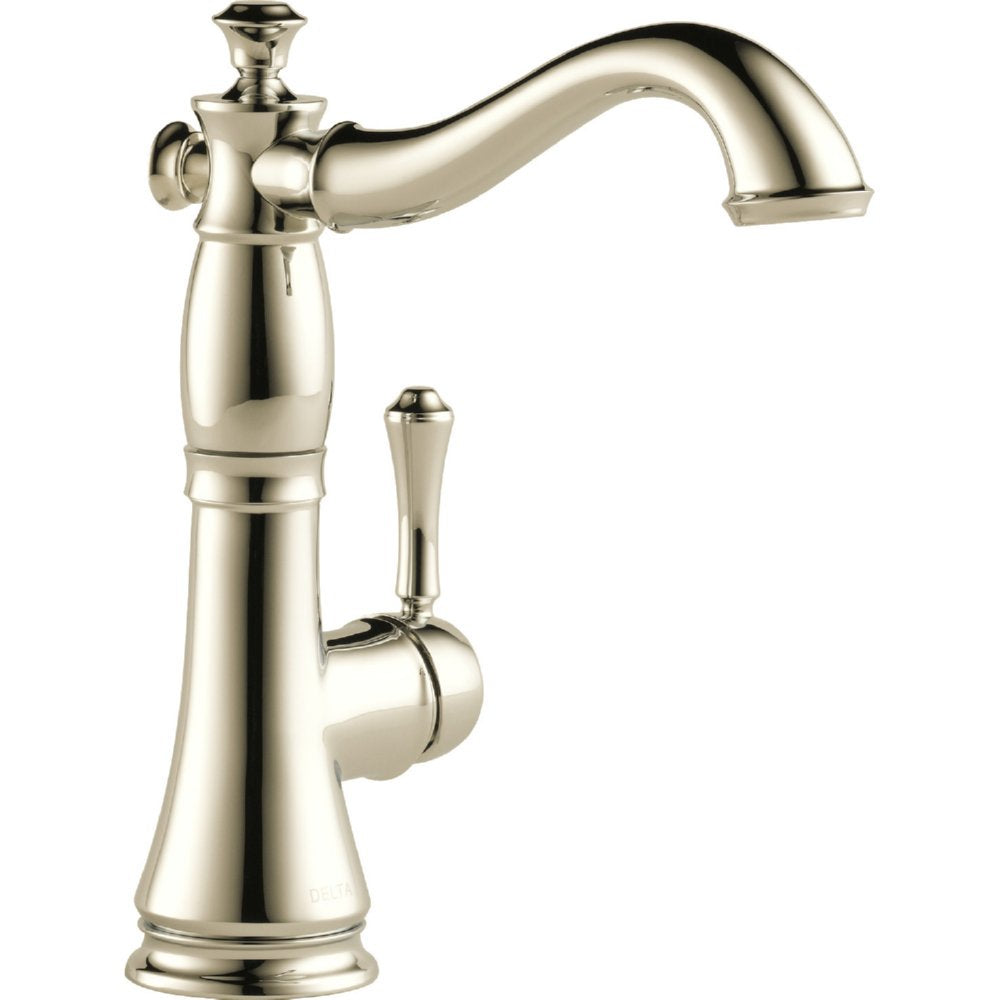 Polished nickel single-handle bar faucet with curved spout and cylindrical body featuring decorative finial.