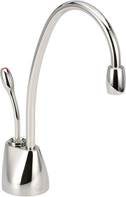 Polished nickel instant hot water dispenser faucet with curved spout and single lever handle on round base.