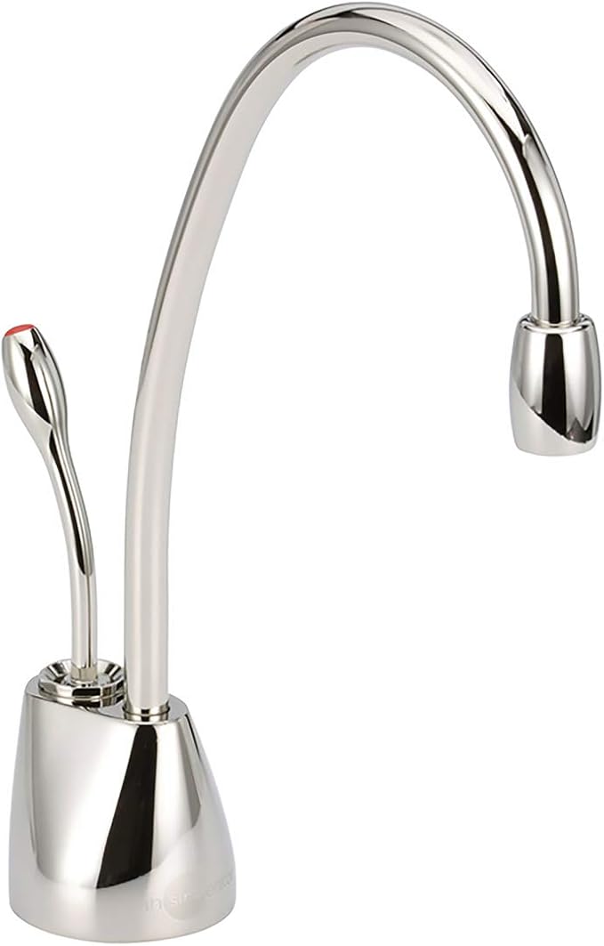 Polished nickel instant hot water dispenser faucet with curved spout and single lever handle on round base.