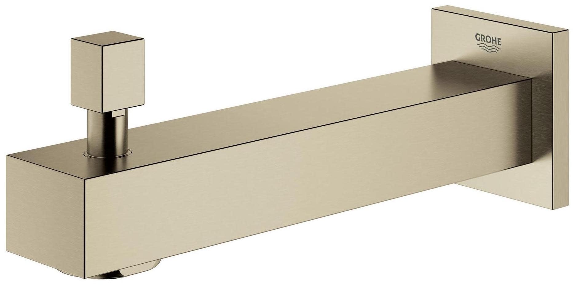 Grohe Eurocube matte black diverter tub spout with squared edges and wall-mounted bracket.