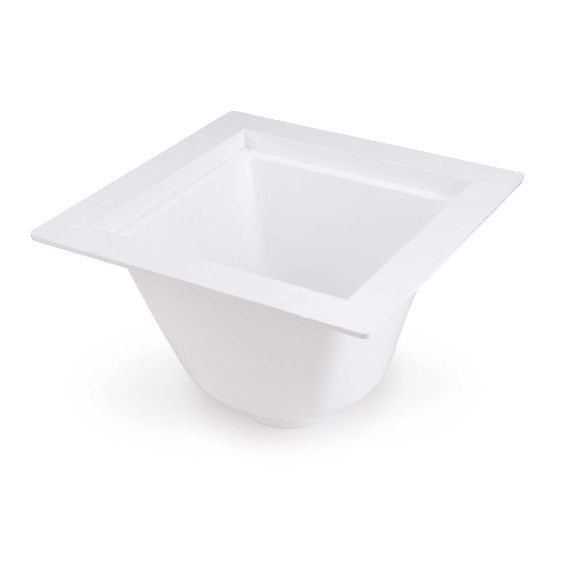 White square utility sink with sloped sides and recessed drain opening.