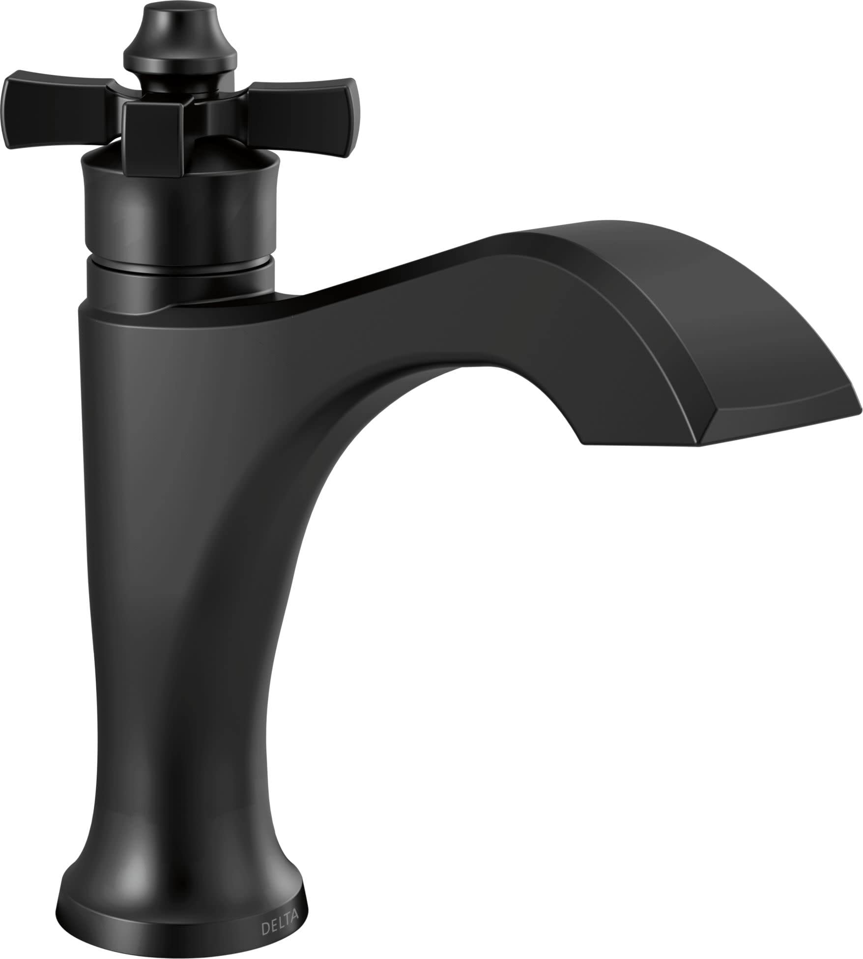 Black single-handle bathroom faucet with cross handles and curved spout.