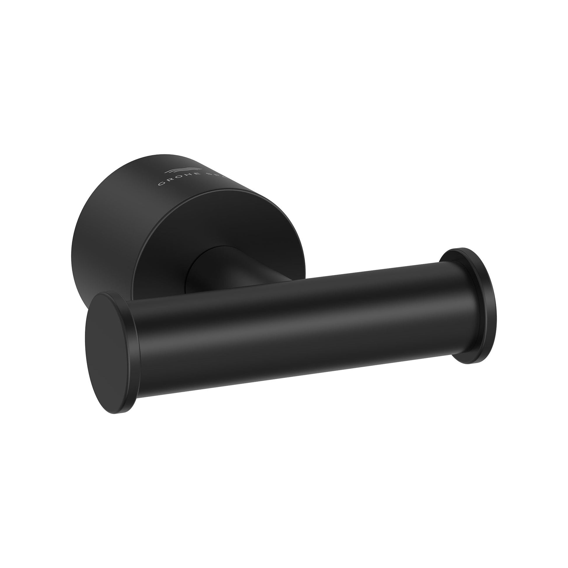 Matte black towel hook with cylindrical bar and circular wall-mounted base.