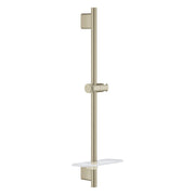 Brushed nickel vertical shower slide bar with adjustable holder, hand spray connector, and white shelf.