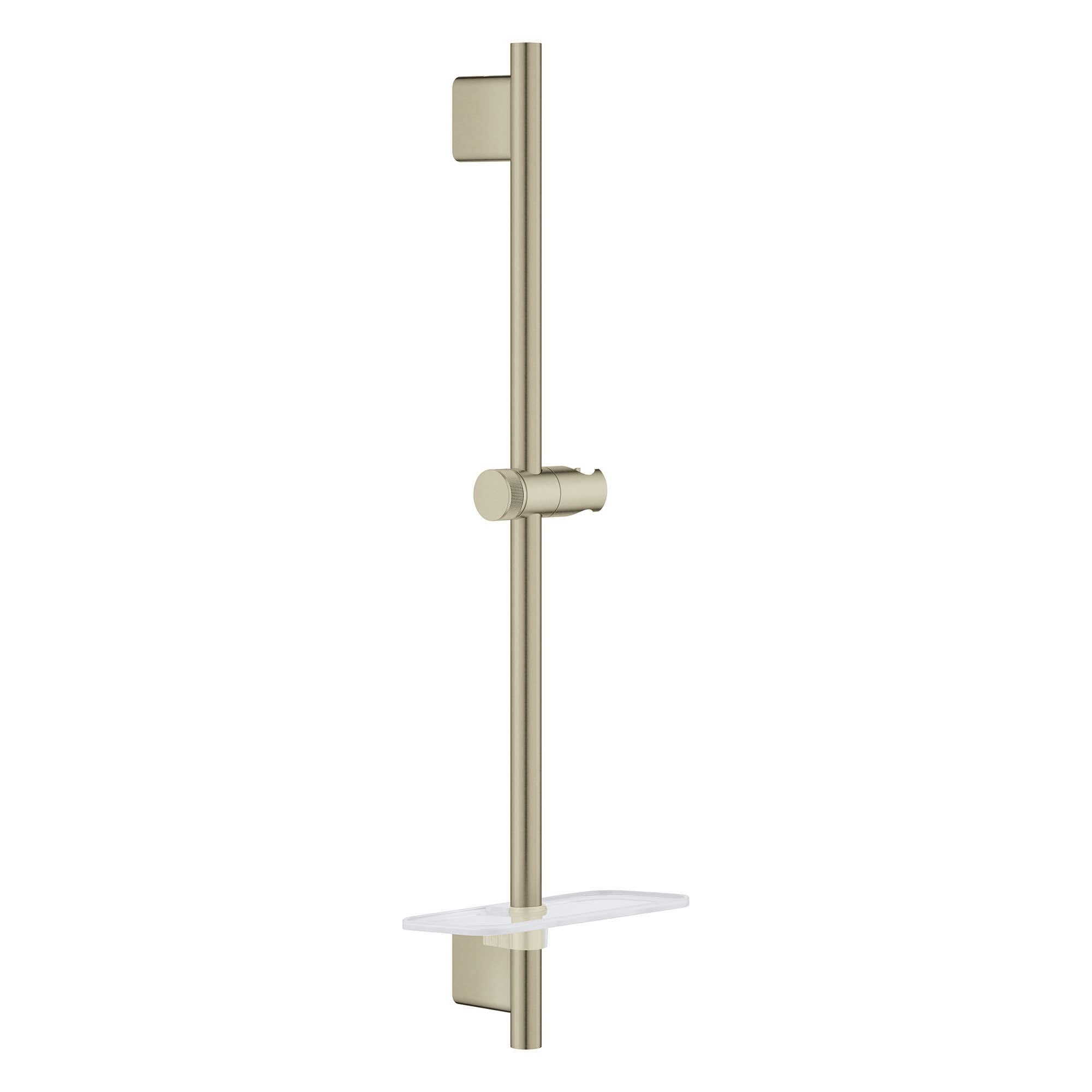 Brushed nickel vertical shower slide bar with adjustable holder, hand spray connector, and white shelf.