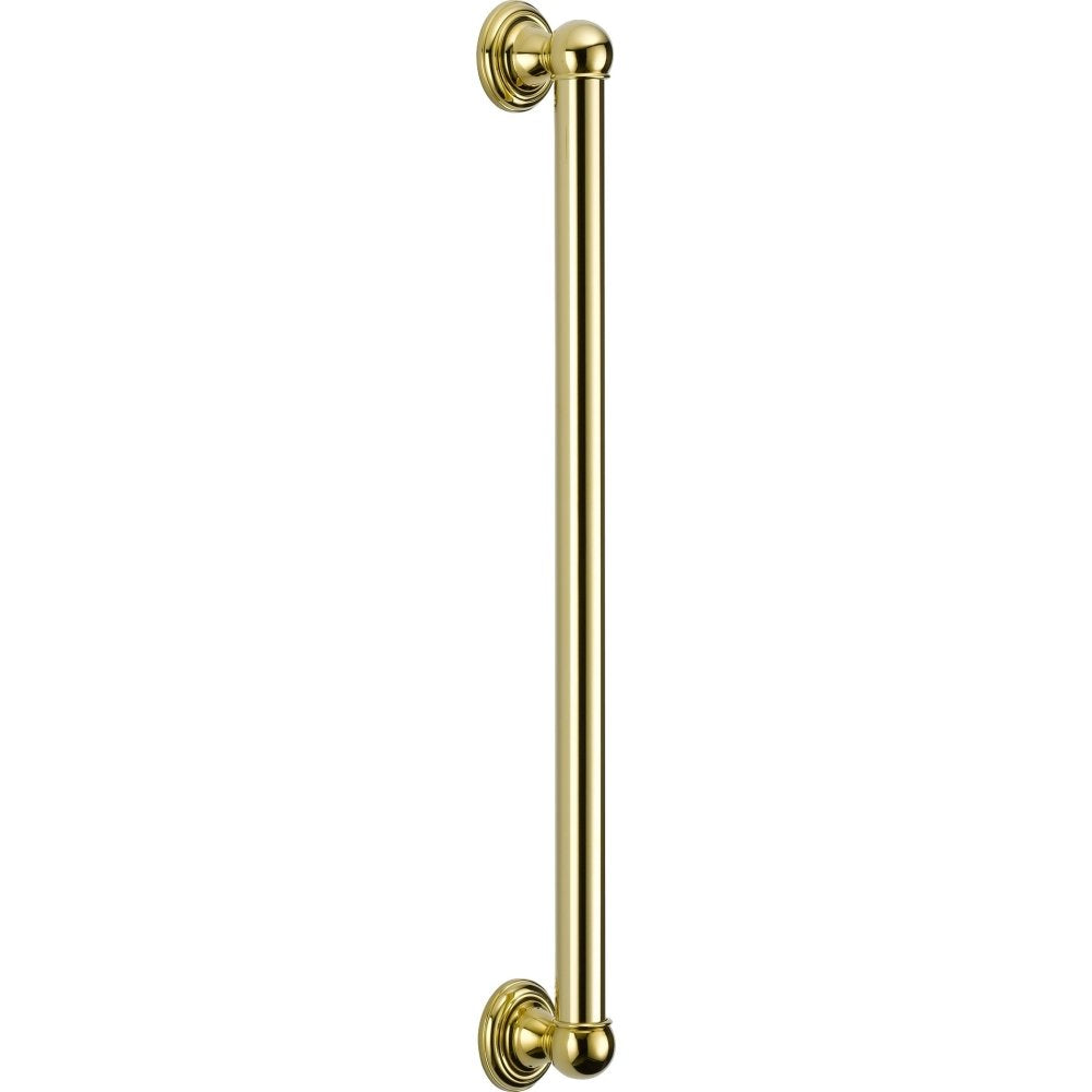 Vertical brass grab bar with decorative circular flanges and rounded handles at top and bottom.