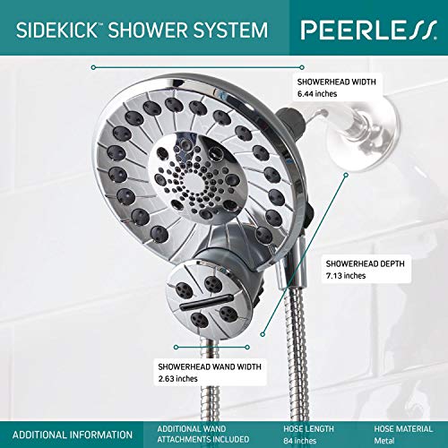 Chrome shower system with dual showerheads featuring multiple spray jets, wall mount, and flexible hose with dimensions label