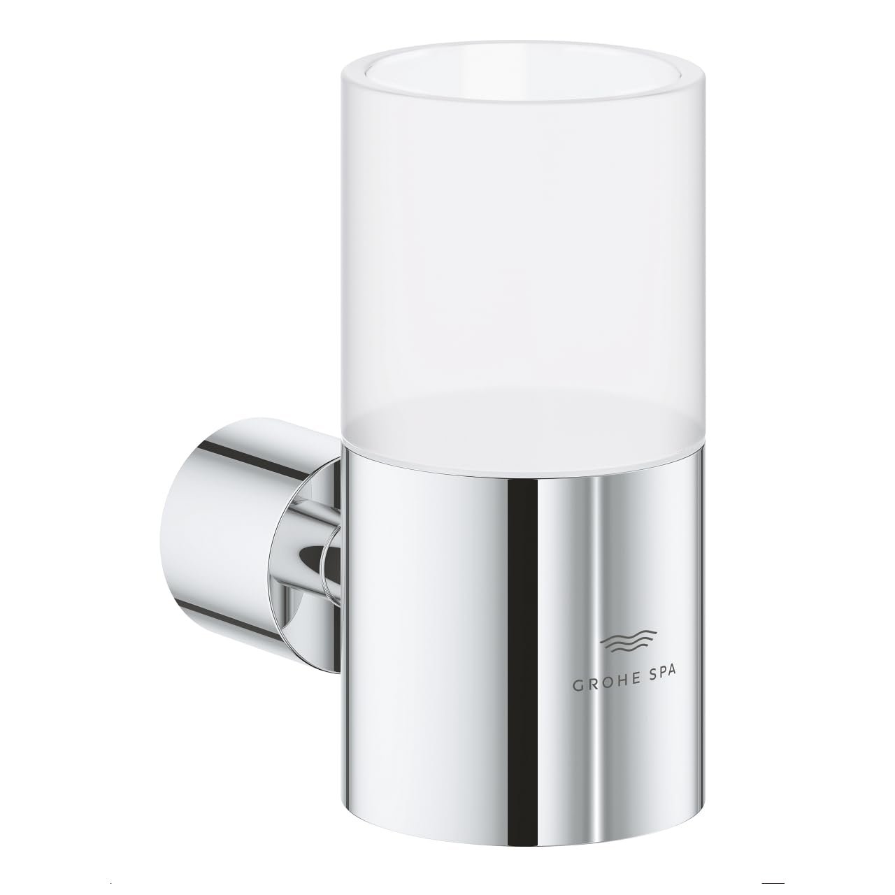 Chrome wall-mounted holder with frosted glass cup and cylindrical metal bracket.