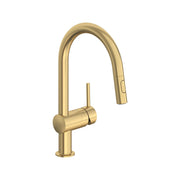 Brushed gold single-handle pull-down kitchen faucet with curved spout and control button on spray head.