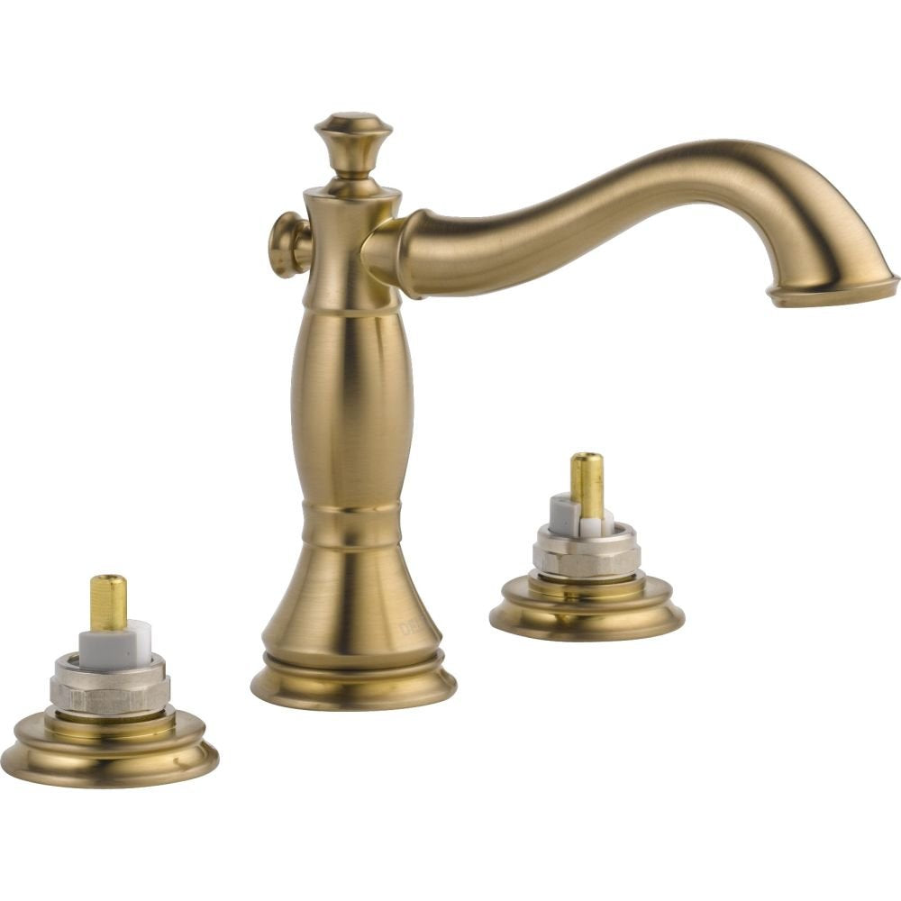 Brass two-handle widespread bathroom faucet with curved spout and two matching valve bases.