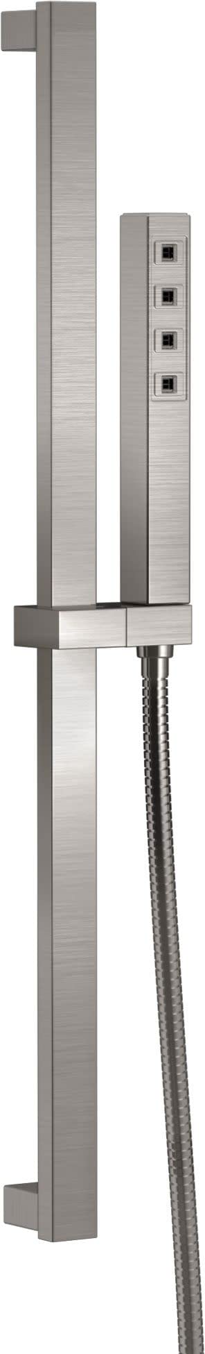 Brushed stainless steel slide bar shower system with square hand shower head, hose, and wall-mounted control panel with four 